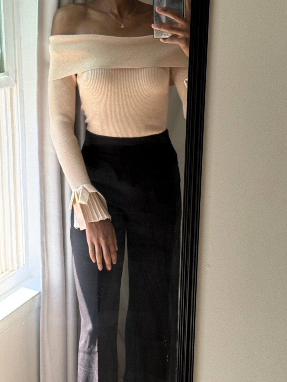 Off-Shoulder Ribbed Knit Sweater in Light Pink